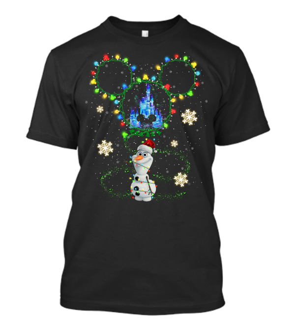 Olaf Christmas Lights Disney Castle With Mickey Ears Snowflakes T-Shirt