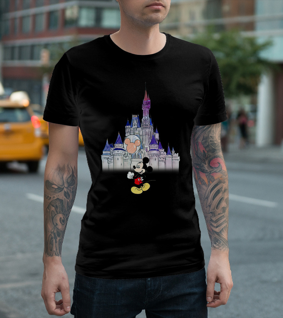 Mickey Mouse With Balloon In Front Of Disney Castle T-Shirt