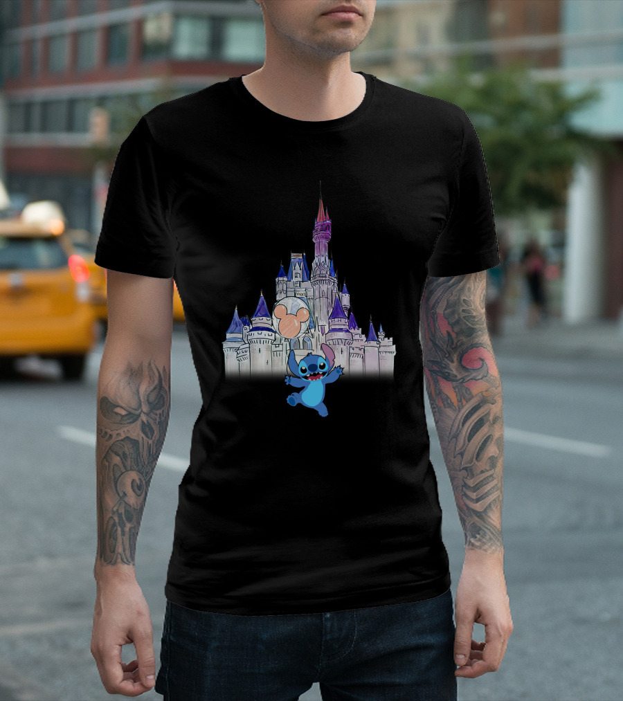 Stitch At Enchanted Disney Castle With Mickey Balloon T-Shirt