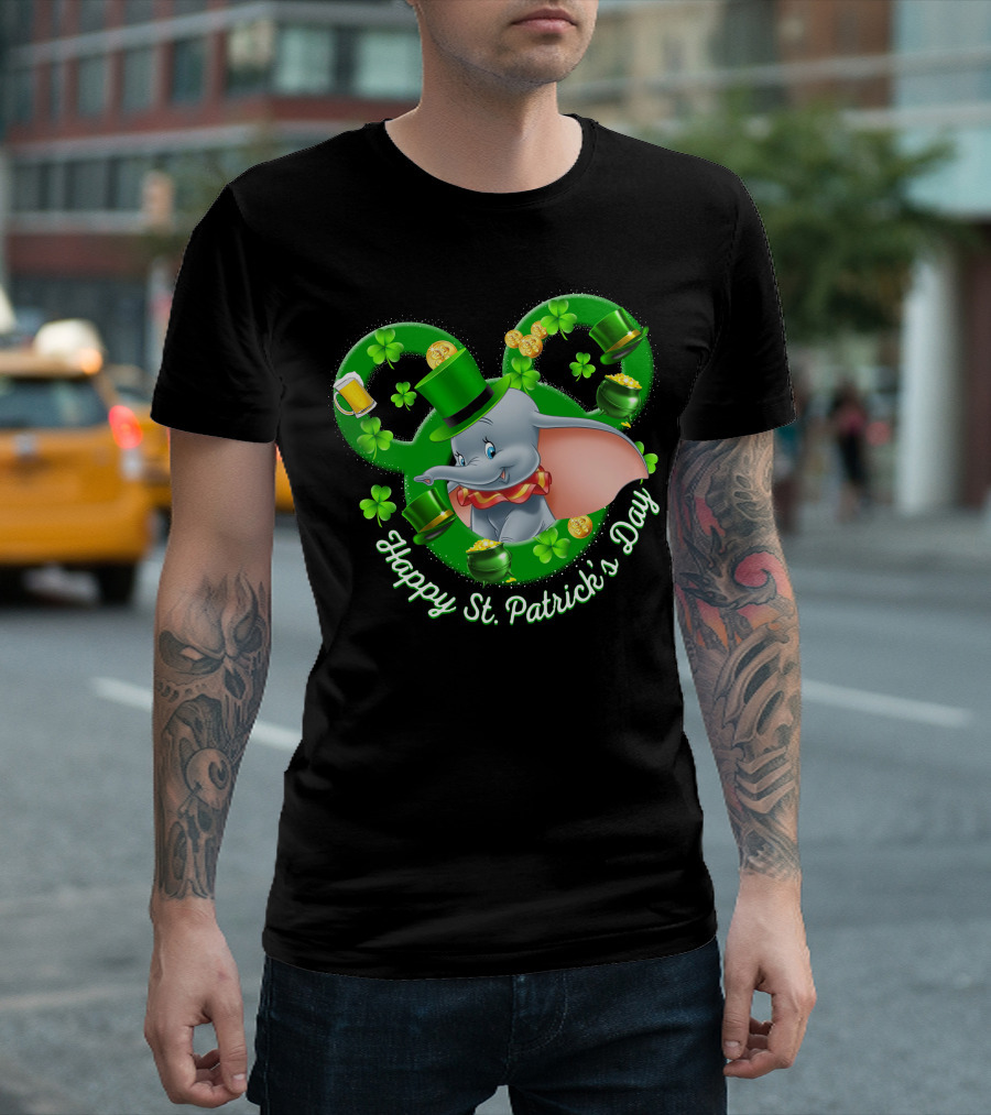 Dumbo Happy St. Patrick's Day With Shamrocks And Leprechaun Hat T-Shirt