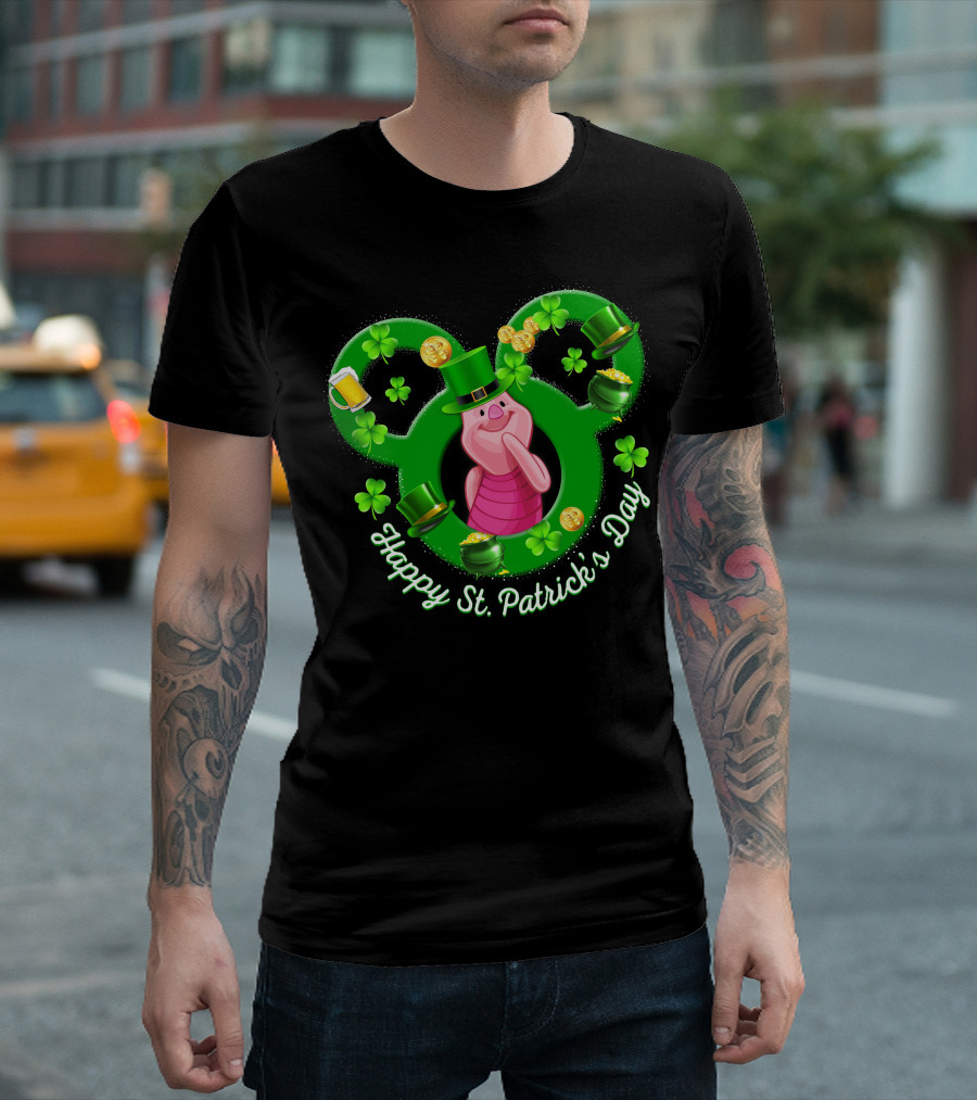 Piglet Happy St. Patrick’s Day Mickey Ears Shamrocks Coins Hat T-Shirt