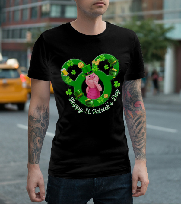 Piglet Happy St. Patrick’s Day Mickey Ears Shamrocks Coins Hat T-Shirt