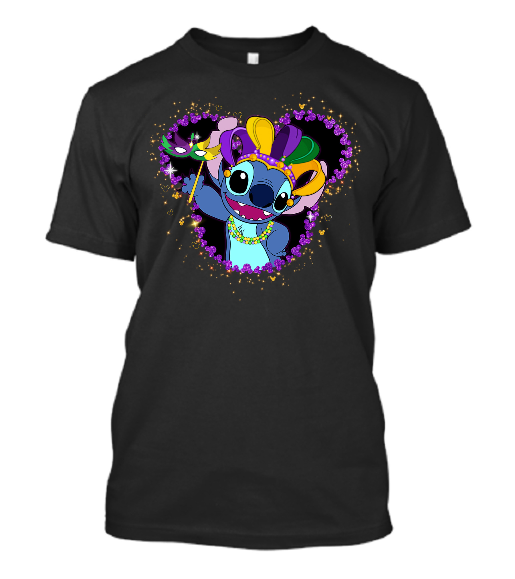 Stitch Mardi Gras Celebration With Mask And Beads In Purple Heart Frame T-Shirt