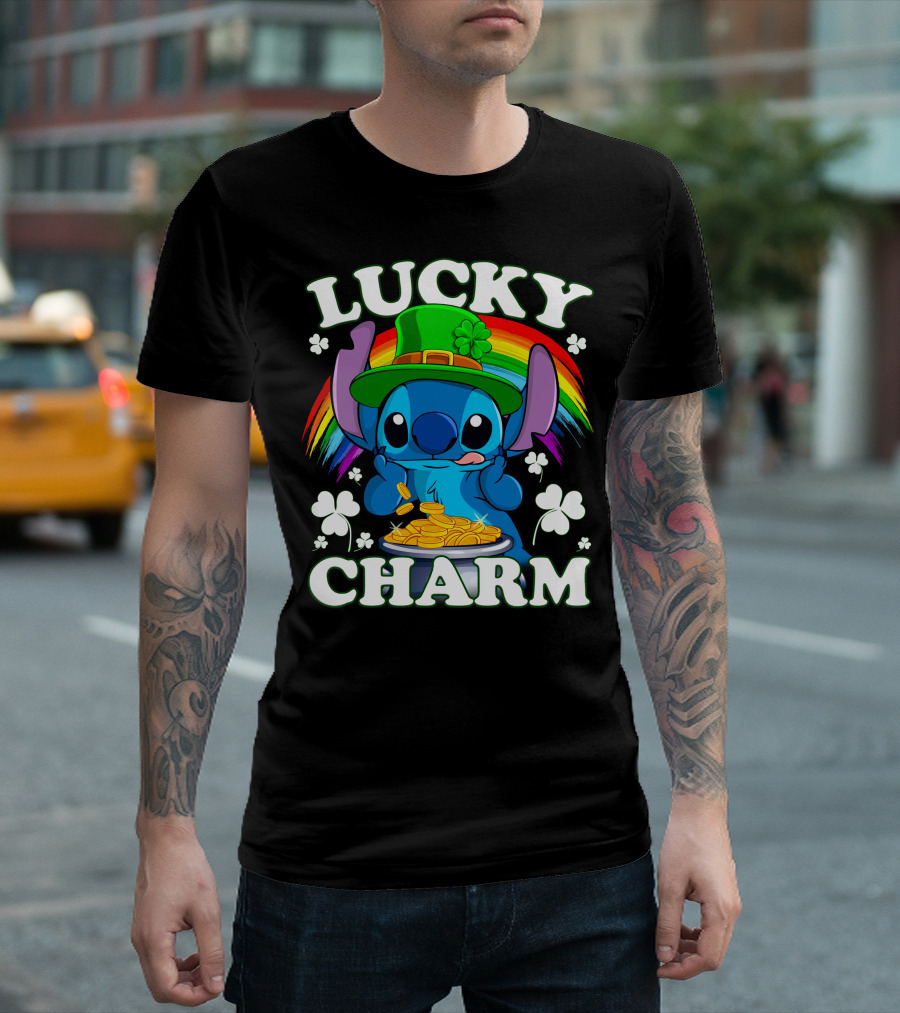 Stitch Lucky Charm Leprechaun Rainbow And Gold Coins T-Shirt