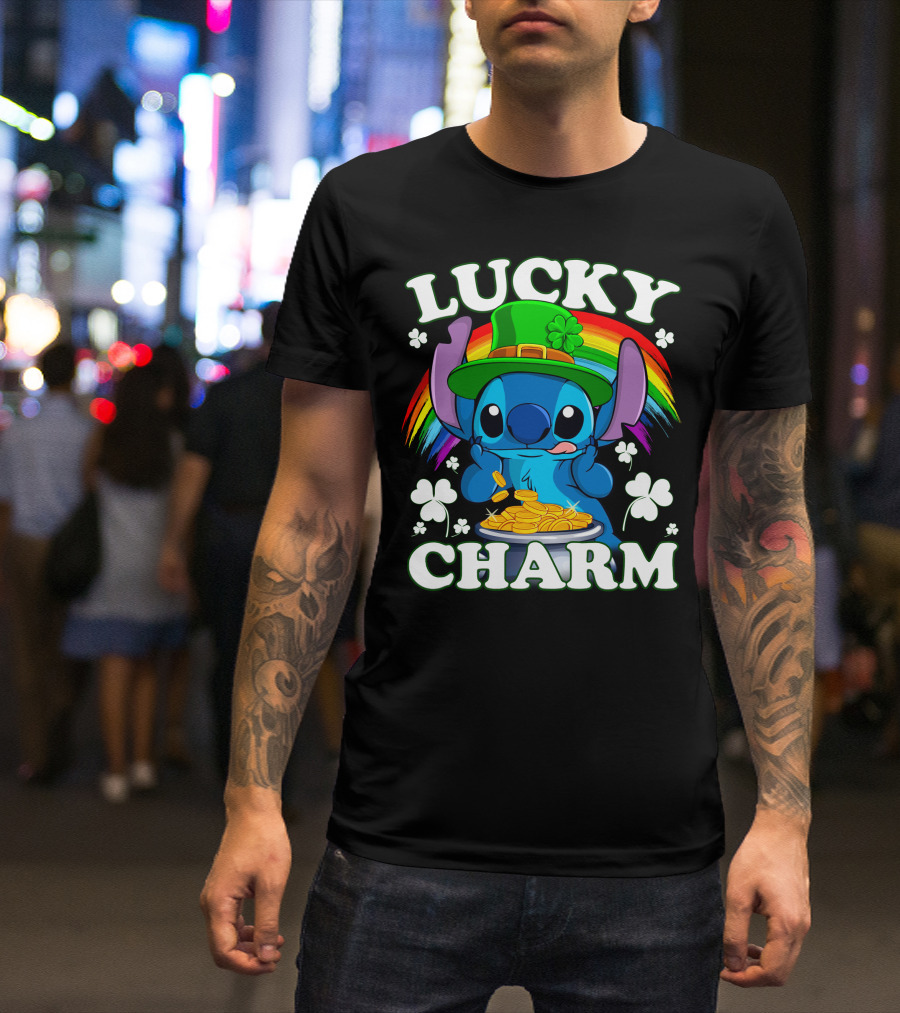Stitch Lucky Charm Leprechaun Rainbow And Gold Coins T-Shirt
