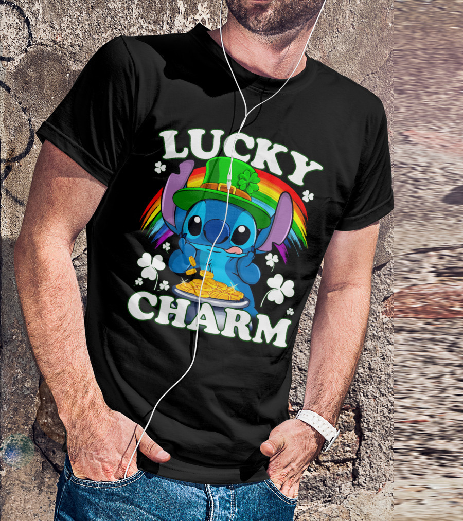 Stitch Lucky Charm Leprechaun Rainbow And Gold Coins T-Shirt