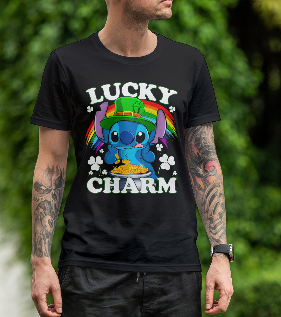 Stitch Lucky Charm Leprechaun Rainbow And Gold Coins T-Shirt