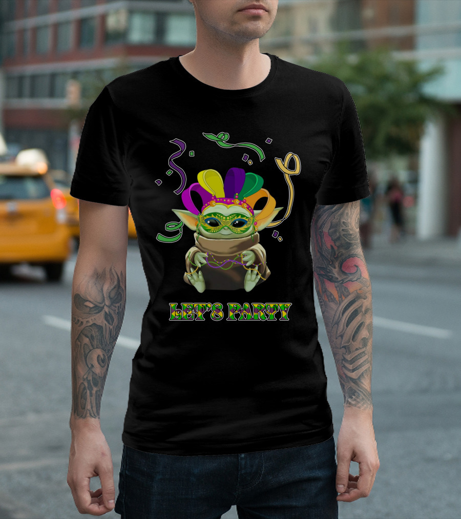 Baby Yoda Let's Party Mardi Gras Mask And Beads T-Shirt