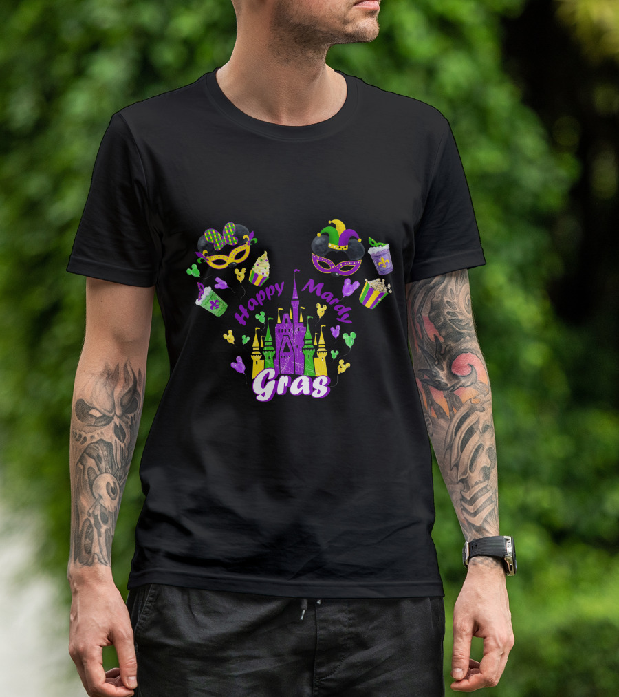 Happy Mardi Gras Castle Celebration With Mask And Snack Icons T-Shirt