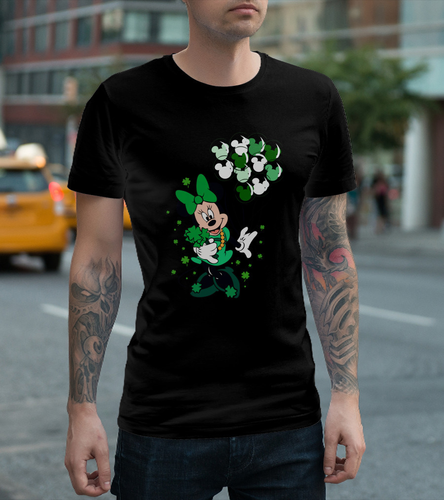 Minnie Mouse St. Patrick's Day With Shamrocks And Green Balloons T-Shirt