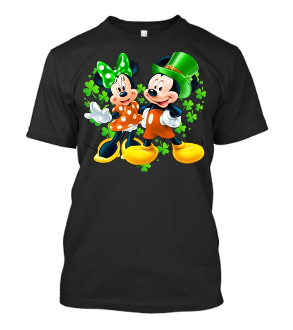 Mickey And Minnie With Shamrocks In Green And Orange Outfits T-Shirt