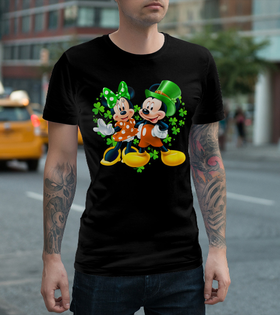 Mickey And Minnie With Shamrocks In Green And Orange Outfits T-Shirt