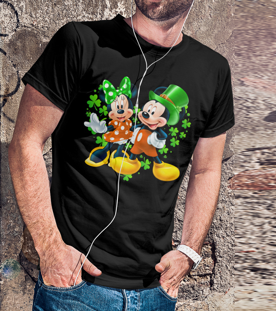 Mickey And Minnie With Shamrocks In Green And Orange Outfits T-Shirt