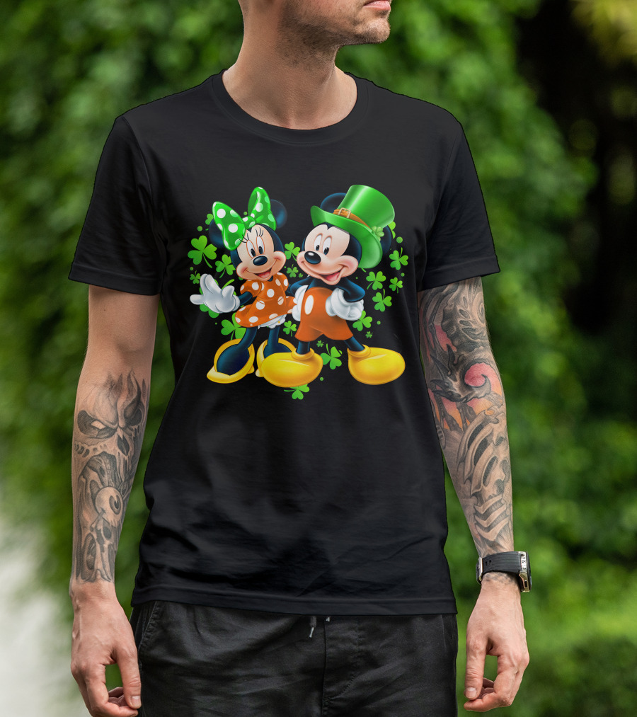 Mickey And Minnie With Shamrocks In Green And Orange Outfits T-Shirt