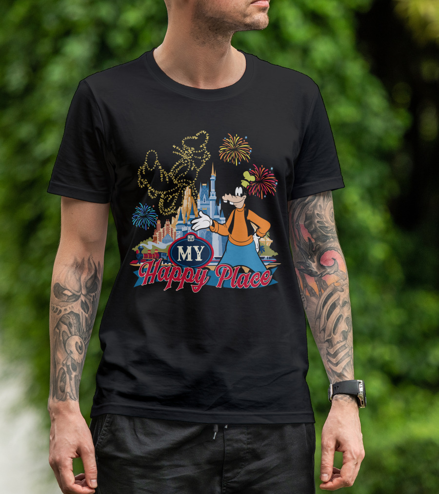 Goofy My Happy Place Fireworks Castle T-Shirt