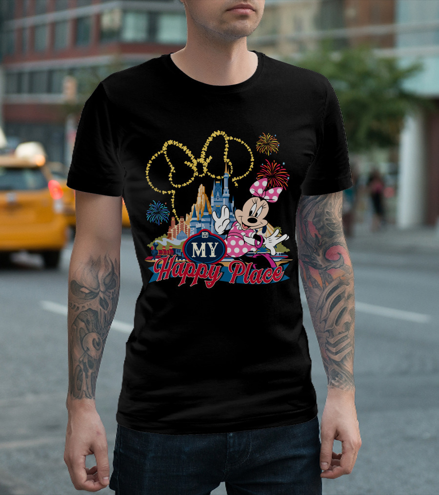 Minnie My Happy Place Fireworks Castle T-Shirt