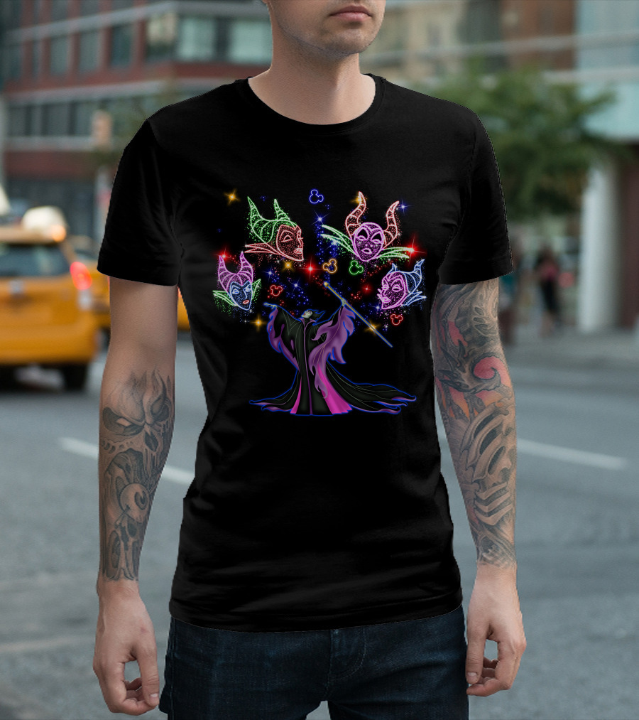 Maleficent Colorful Magical Neon Faces With Mickey Mouse Ears T-Shirt