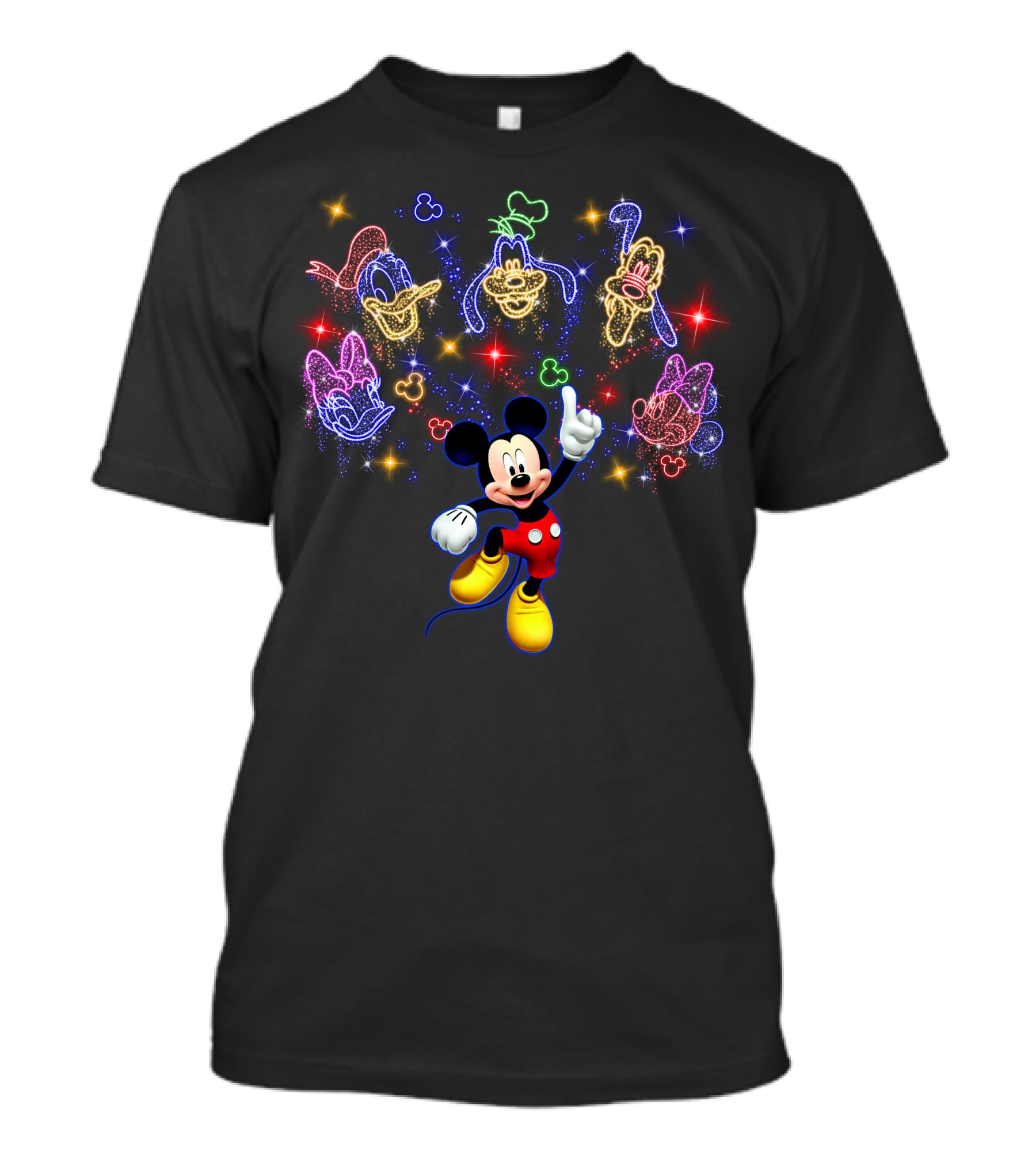 Mickey Neon Disney Friends Stars Donald Goofy Pluto Daisy Minnie T-Shirt