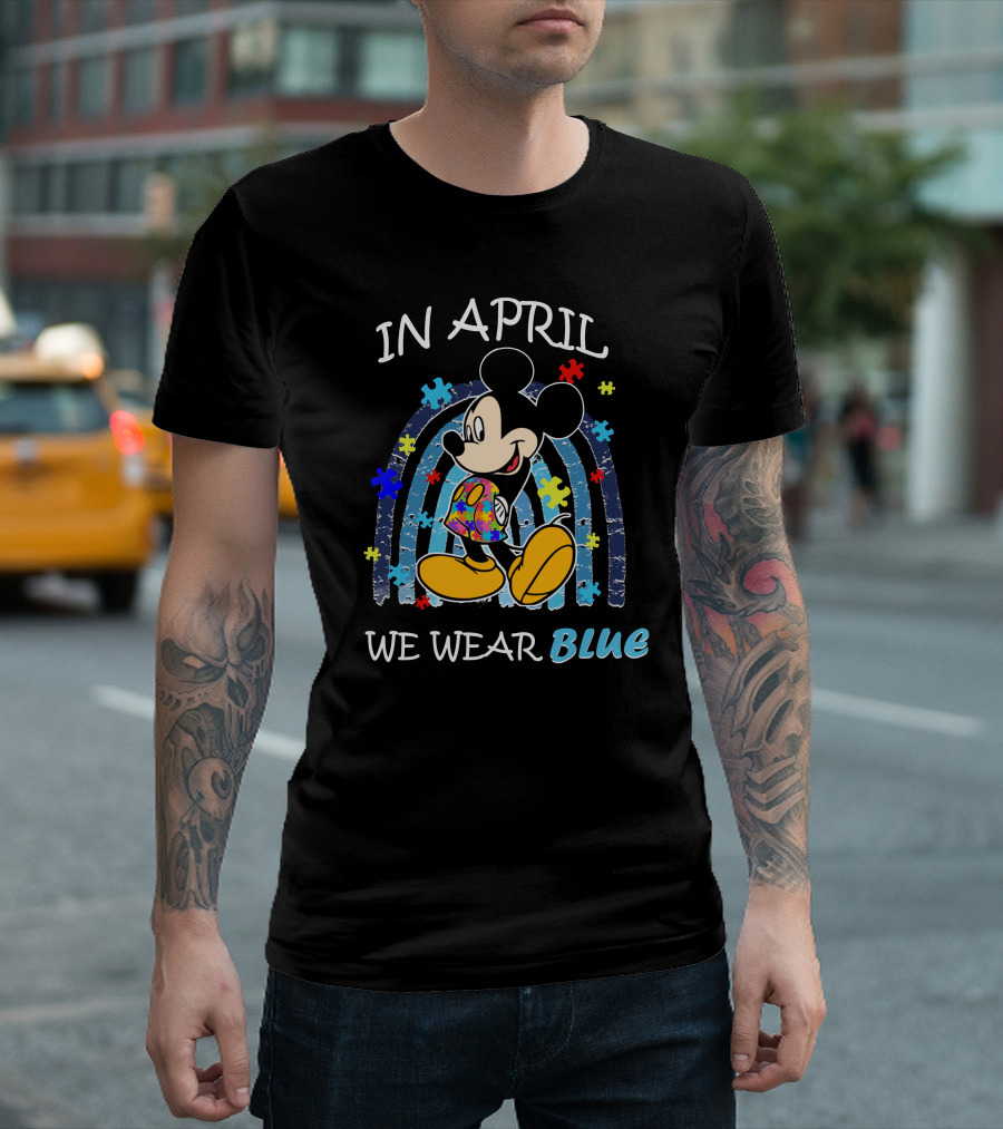 In April We Wear Blue Mickey Puzzle Autism Awareness T-Shirt