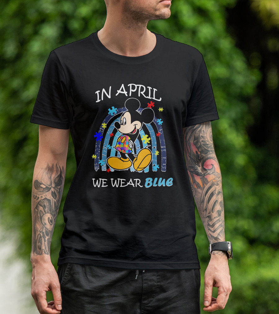 In April We Wear Blue Mickey Puzzle Autism Awareness T-Shirt