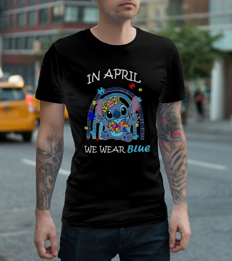 In April We Wear Blue Stitch Puzzle Rainbow T-Shirt