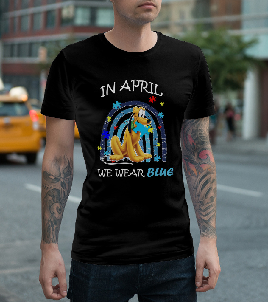 In April We Wear Blue Pluto Puzzle Autism Awareness T-Shirt
