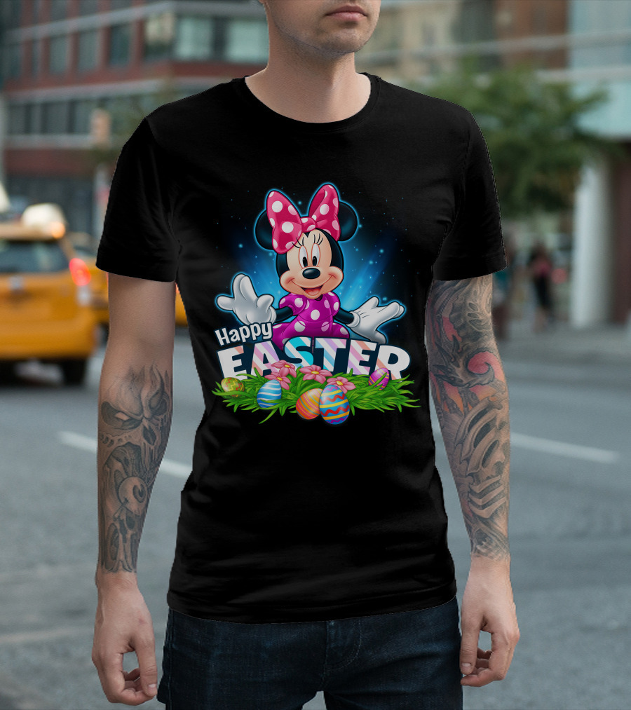 MINNIE Happy Easter Colorful Eggs and Pink Bow T-Shirt