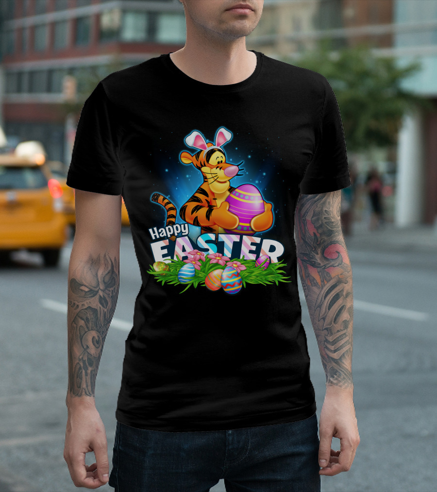 Happy Easter Tigger With Colorful Eggs And Bunny Ears T-Shirt