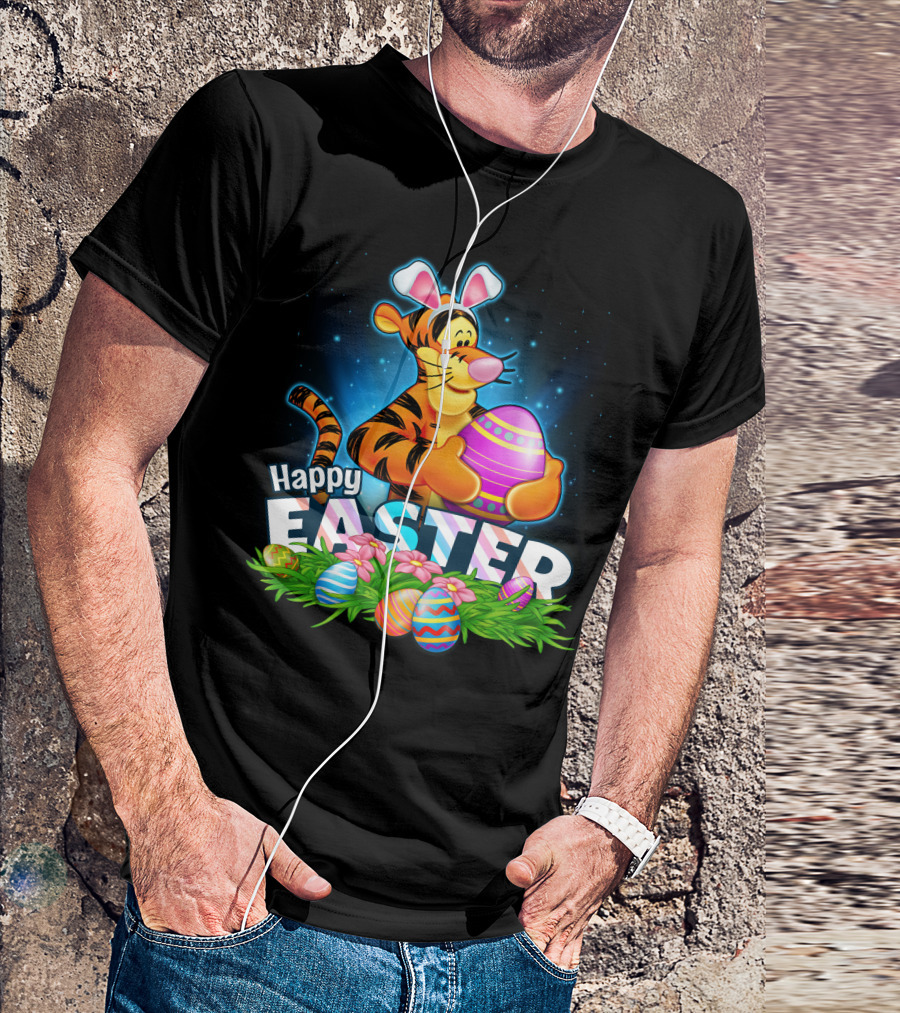 Happy Easter Tigger With Colorful Eggs And Bunny Ears T-Shirt