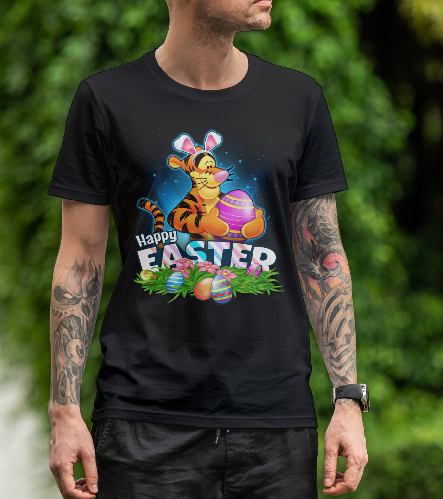 Happy Easter Tigger With Colorful Eggs And Bunny Ears T-Shirt