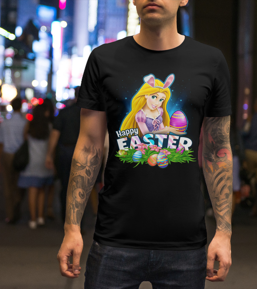 RAPUNZEL Happy Easter Bunny Ears Colorful Eggs Flower Patch T-Shirt