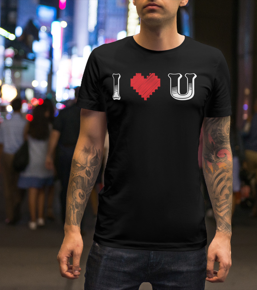 I Heart U Pixel Red Love Text T-Shirt
