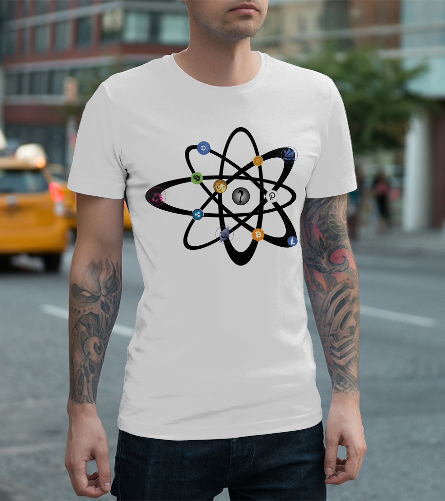 Uniswap Cardano Binance Coin WazirX Polkadot XRP Dogecoin Ethereum Bitcoin Litecoin Cryptocurrency Icons Atom Structure T-Shirt