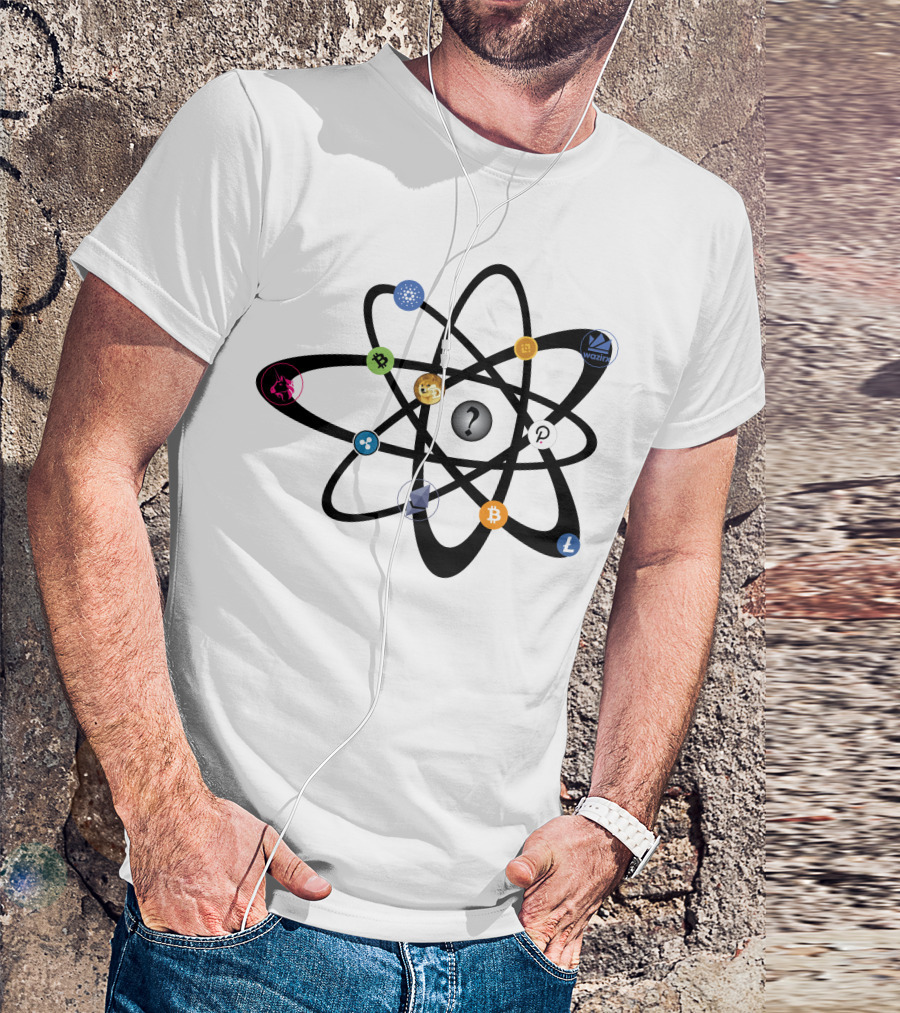 Uniswap Cardano Binance Coin WazirX Polkadot XRP Dogecoin Ethereum Bitcoin Litecoin Cryptocurrency Icons Atom Structure T-Shirt