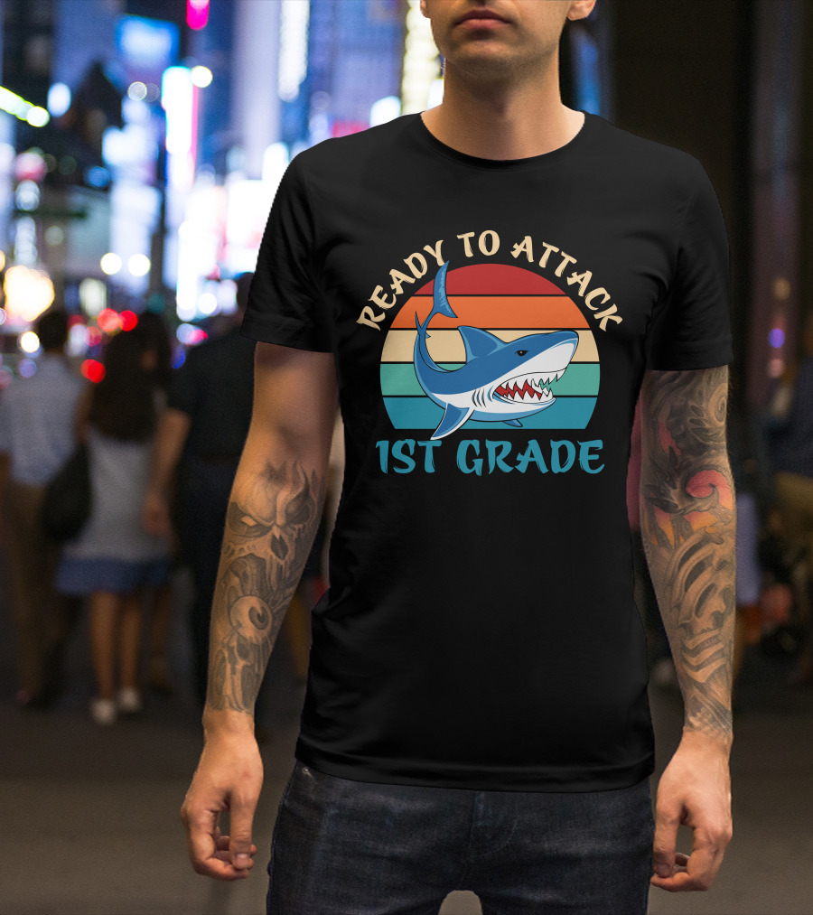 Ready To Attack 1st Grade Shark Retro Stripes T-Shirt