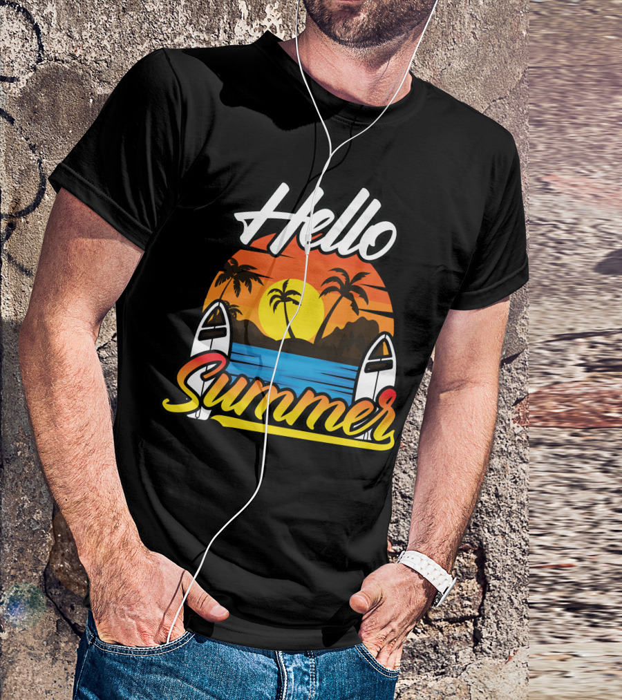 Hello Summer Sunset Surfing Beach Scene T-Shirt