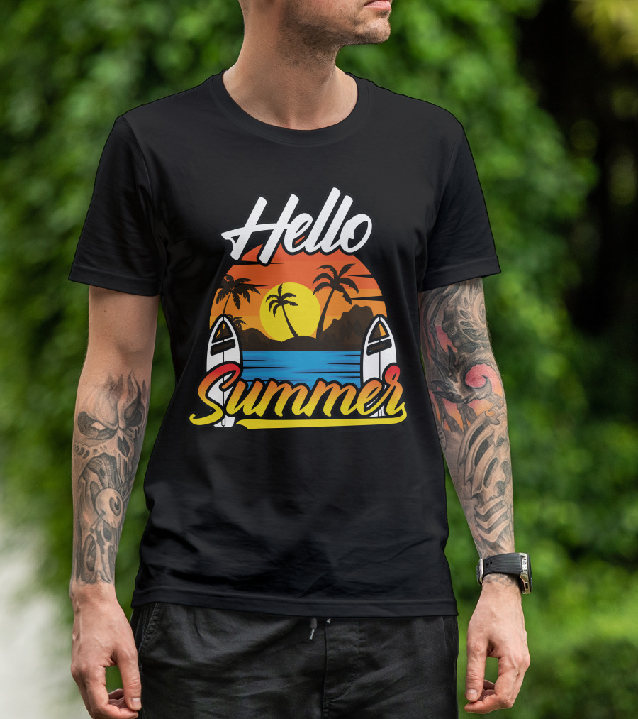 Hello Summer Sunset Surfing Beach Scene T-Shirt