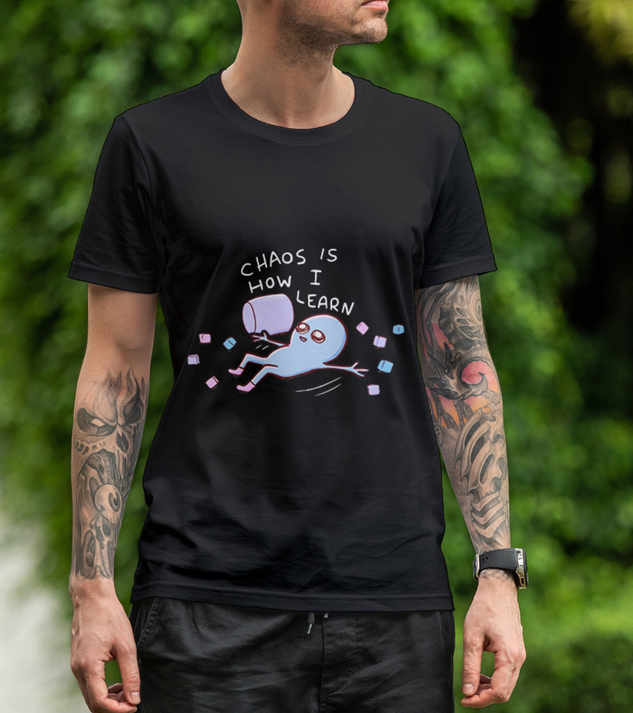 Chaos Is How I Learn Playful Blue Character Relaxing With Marshmallows T-Shirt