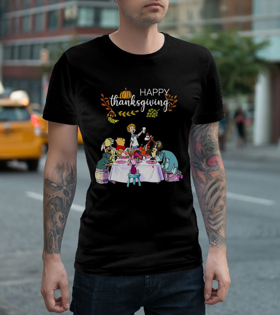 Winnie The Pooh Happy Thanksgiving Celebration With Friends At Dining Table T-Shirt