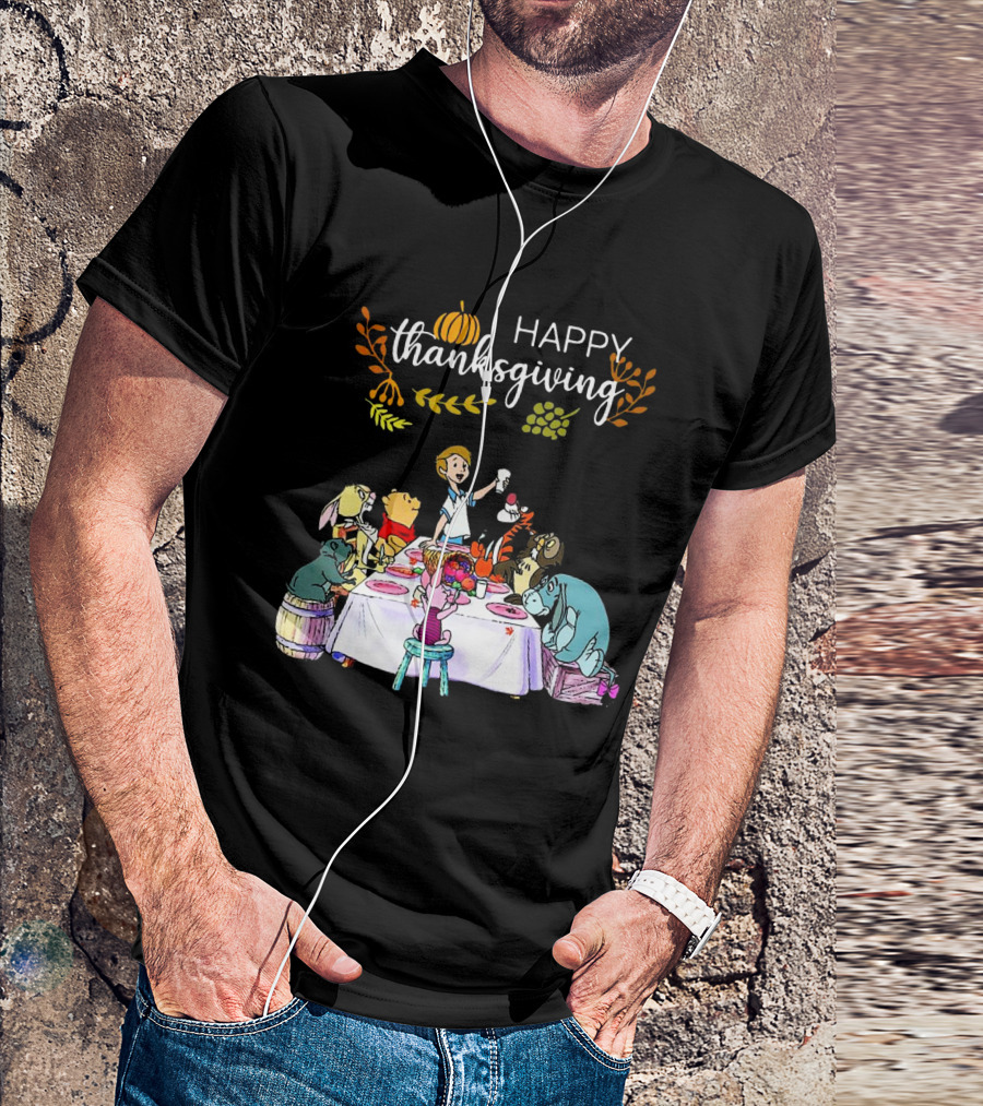Winnie The Pooh Happy Thanksgiving Celebration With Friends At Dining Table T-Shirt