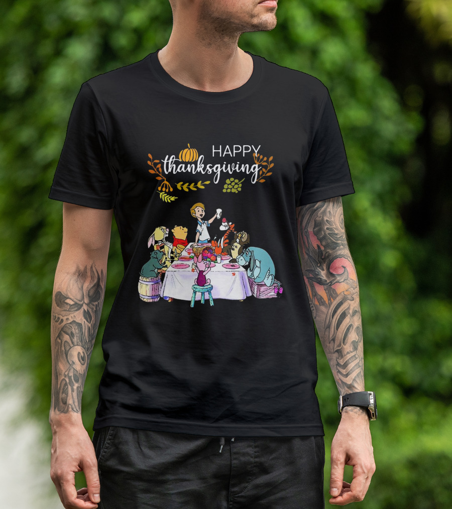 Winnie The Pooh Happy Thanksgiving Celebration With Friends At Dining Table T-Shirt