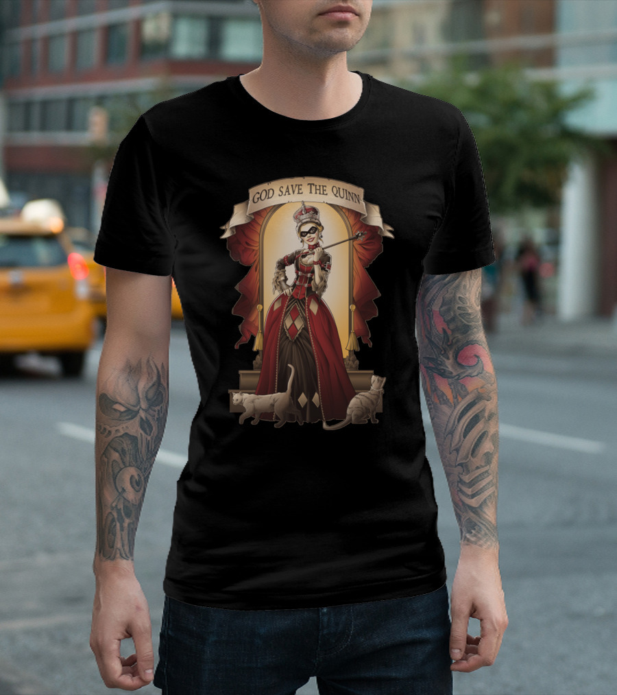 God Save The Quinn Victorian Jester Queen with Cats and Masked Scepter T-Shirt