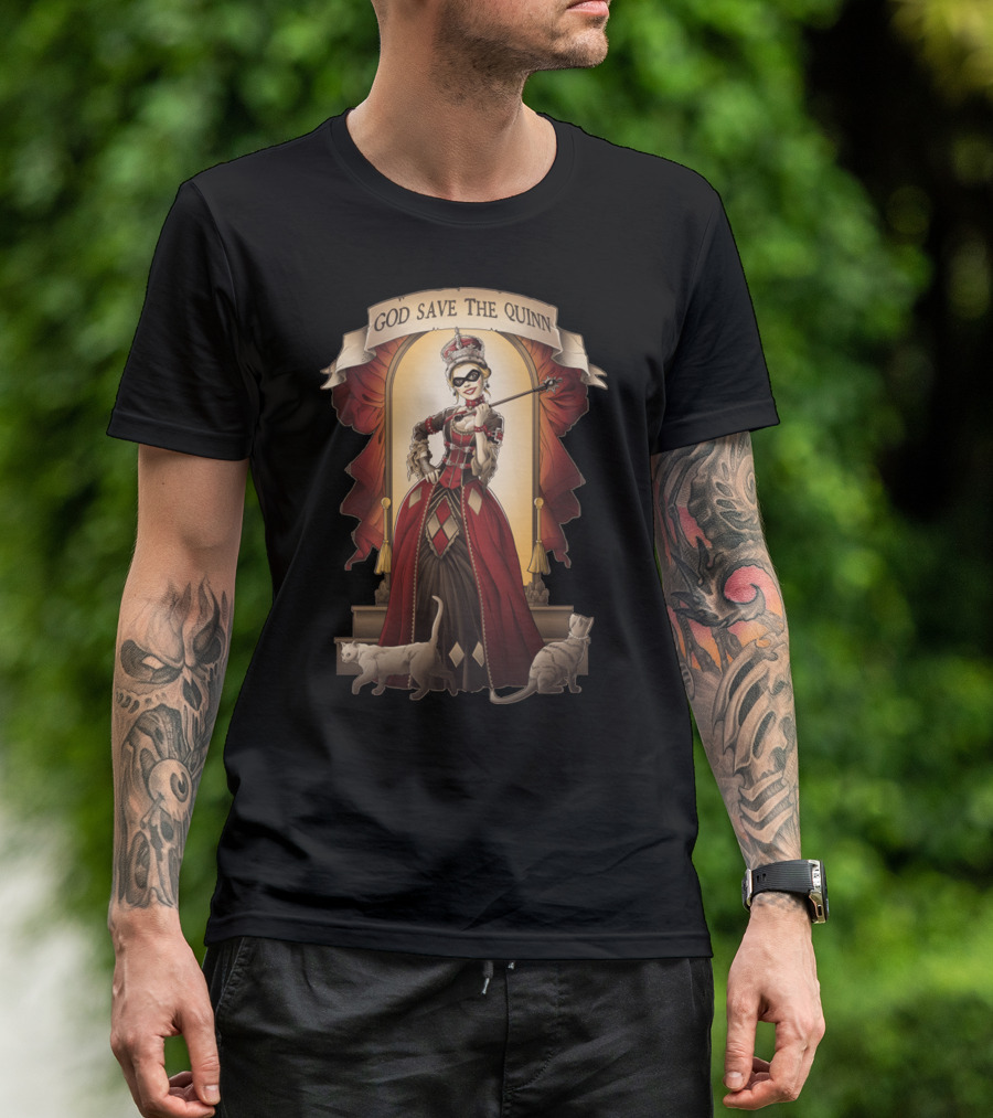 God Save The Quinn Victorian Jester Queen With Cats And Masked Scepter T-Shirt