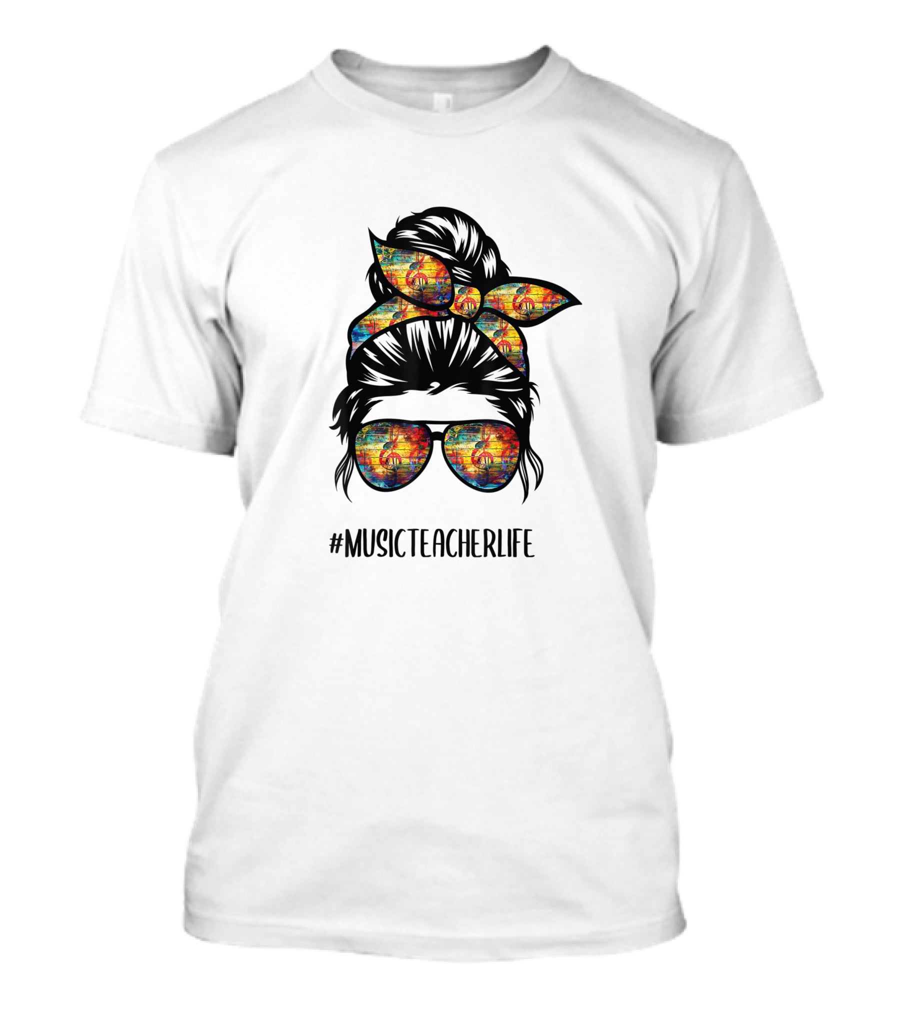 Messy Bun Hair Glasses Musical Notes #MusicTeacherLife T-Shirt