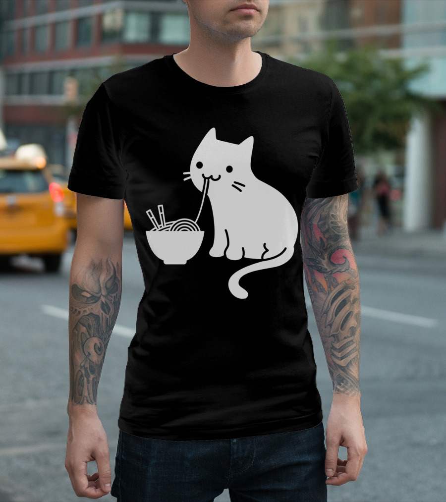 Chat Mignon Manger Ramen Essentiel Blanc Noir T-Shirt
