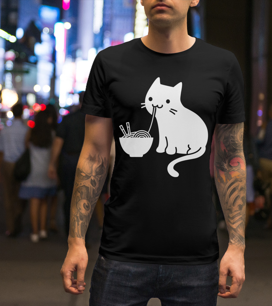 Chat Mignon Manger Ramen Essentiel Blanc Noir T-Shirt