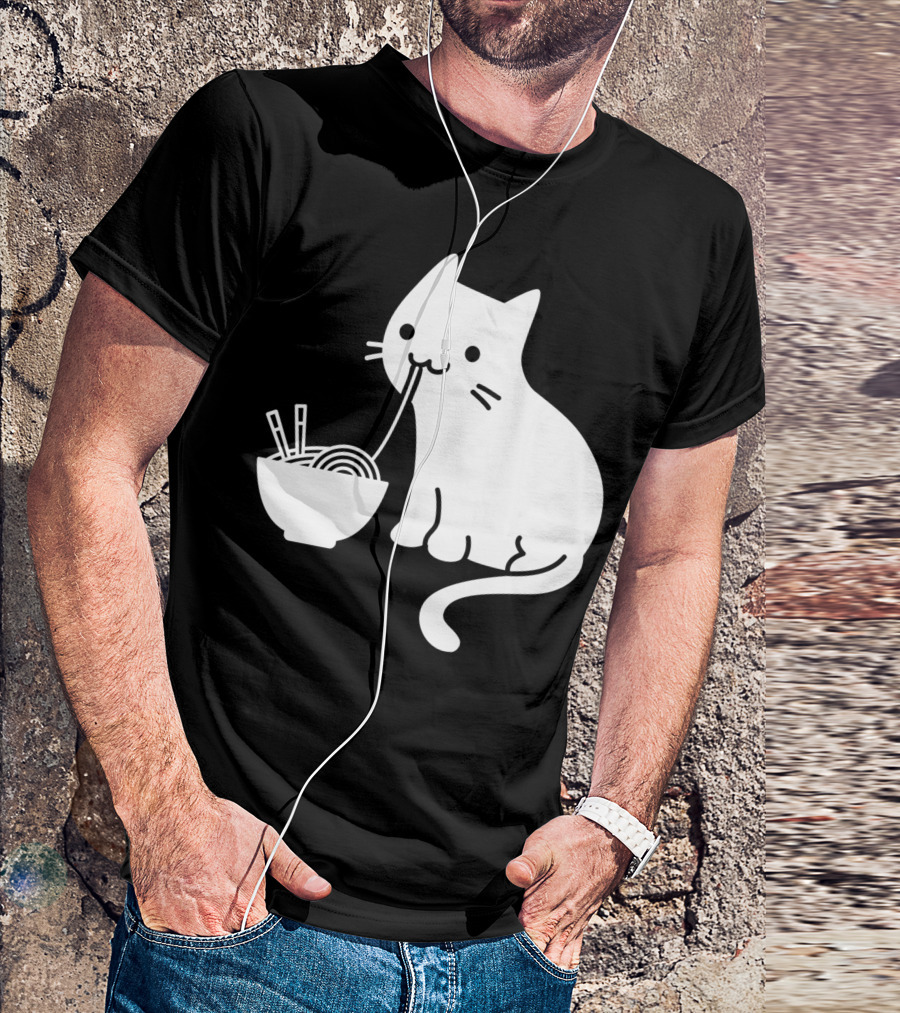 Chat Mignon Manger Ramen Essentiel Blanc Noir T-Shirt