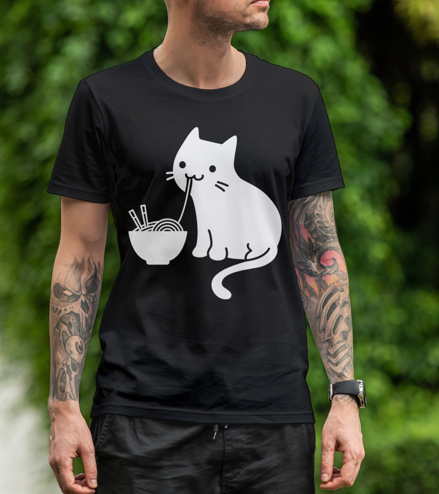 Chat Mignon Manger Ramen Essentiel Blanc Noir T-Shirt