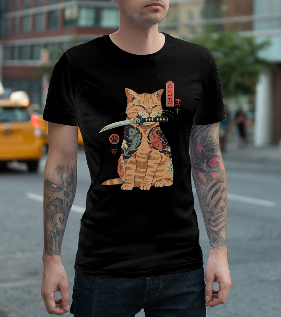 Catana Classique Samurai Cat Kanji Tattoo Koi Fish Katana T-Shirt