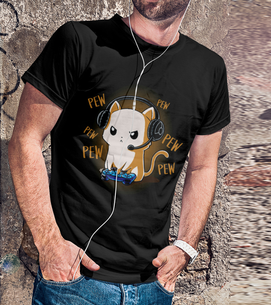 Pew Pew Kitty Cat Gamer Kliban Cats Headset Controller T-Shirt